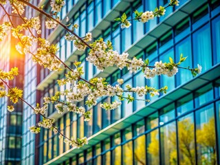 Wall Mural - Architectural Spring Awakening: Budding Branches Frame Modern Building