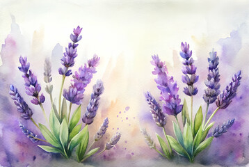 Sticker - A serene watercolor illustration of lavender flowers, showcasing vibrant purple hues and lush greenery against a soft, pastel background.