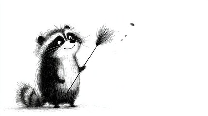 Wall Mural -   A monochrome illustration of a raccoon clutching a stick and blowing a dandelion on a blank canvas