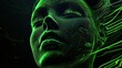 © Jersco - 3D woman face with abstract, sharp-edged waves, on a pitch-black background with luminous accents of neon green for a bold, futuristic aesthetic.
