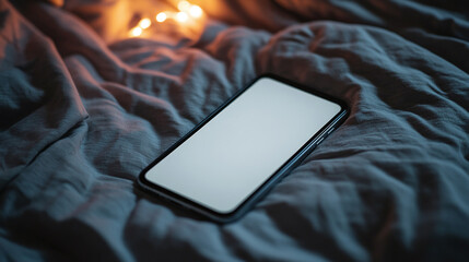 Isolated smartphone device on the bed in the bedroom at night with blank empty white screen at home, communication technology concept