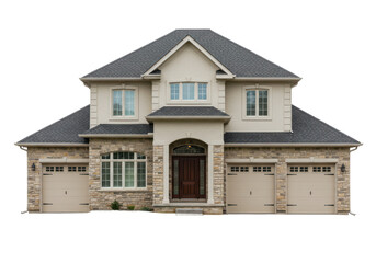 Wall Mural - Elegant two-story suburban house with beige walls, stone accents, and a gabled roof, isolated on white background