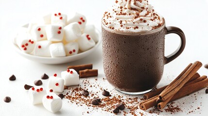   A cup of hot chocolate with marshmallows and cinnamon on a white table, served with two spoons