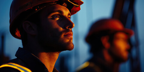 Wall Mural - Construction Worker at Dusk: Profile and Partial Second Figure