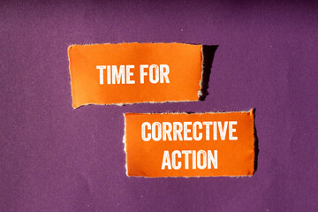 Fototapete - Time for corrective action message written on ripped torn orange paper pieces on purple background. Conceptual time for corrective action symbol. Copy space.