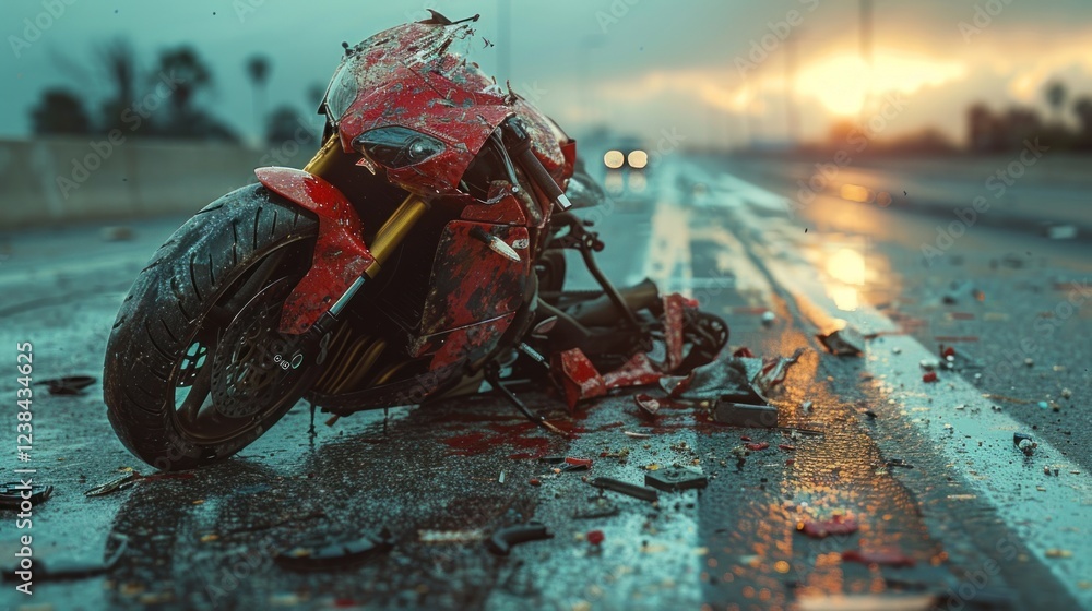 A devastating traffic collision scene showing a damaged motorcycle ...