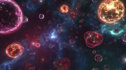 Fototapete - Captivating Cosmic Explosion Vibrant Celestial Landscape of Glowing Planets Stars and Nebulae Showcasing the Dynamic and Radiant Nature of the Universe  Futuristic and Otherworldly Interstellar Scene