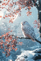 Sticker -   A snowy owl sat on a tree's branch with red leaves and a blue sky behind