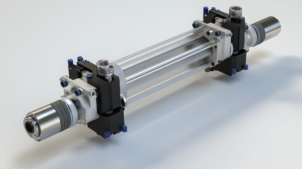 Pneumatic robotic piston sucker unit integrated into industrial machinery, utilizing compressed air for automated factory production. 