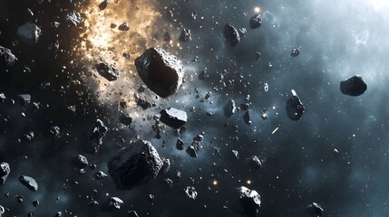 Fototapete - Dramatic cosmic asteroid collision explosion with debris shockwaves and bright light in deep space against a dark nebula background  Powerful celestial event in the universe
