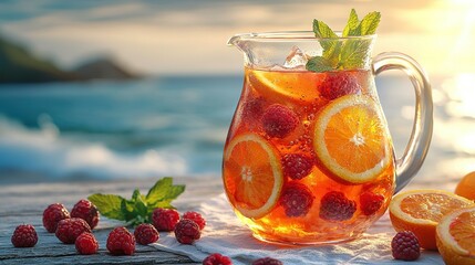 Wall Mural -  A pitcher of tea, adorned with oranges, raspberries, and mint, rests on a table beside the serene ocean