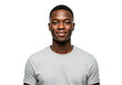 © Vooglo.com - A confident young man with short black hair, wearing a light gray T-shirt, isolated on a white background