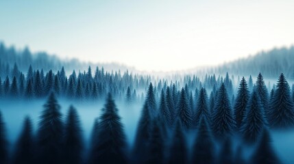 Poster - Misty forest nature idea. A serene winter landscape featuring misty pine trees and soft, ambient light.