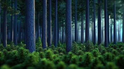 Poster - Misty forest nature idea. A serene and tranquil view of a dense forest, showcasing tall trees and lush greenery.