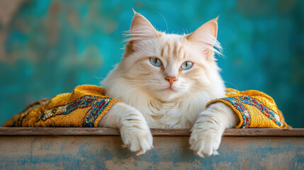 Wall Mural - Cat with fancy outfit, A high fidelity image of a long-haired white cat in a traditional Spanish setting.