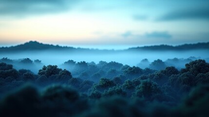 Poster - Misty forest nature idea. Misty forest landscape at dawn, showcasing serene nature in soft blue hues.