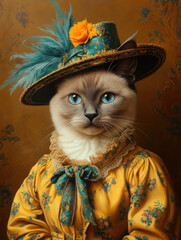 Canvas Print - Cat with fancy outfit, A Siamese cat dressed in an elegant ballroom gown, set in a luxurious high-fidelity environment.