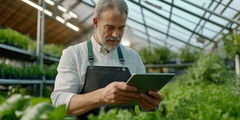 Senior male gardener using digital tablet, managing plant growth and inventory in a commercial greenhouse, ensuring efficient cultivation and distribution