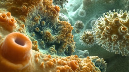 Leinwandbilder - Microscopic view revealing the intricate colorful and abstract patterns and structures of viral or bacterial microorganisms under high magnification  A scientific