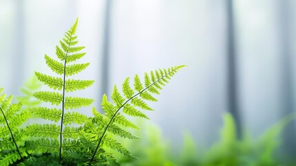 Poster - Misty forest nature idea. Vibrant green fern leaves against a soft, blurred background for a calming nature feel.
