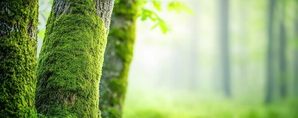 Poster - Misty forest nature idea. Serene forest scene showcasing vibrant trees and moss-covered trunks in soft light.