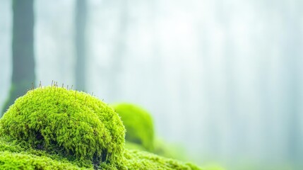 Poster - Misty forest nature idea. A serene moss-covered landscape shrouded in soft mist, promoting tranquility and calm.