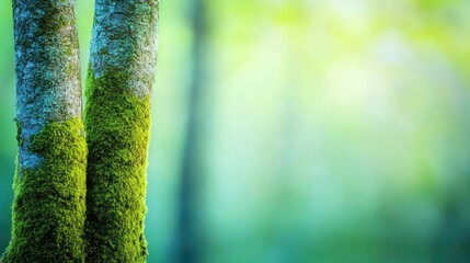 Poster - Misty forest nature idea. Lush green moss covering tree trunks in a serene forest atmosphere.