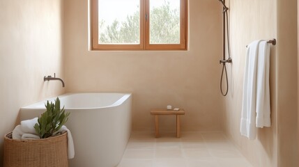 Wall Mural - A bathroom with a white bathtub and a wooden stool. The bathroom is clean and well-maintained