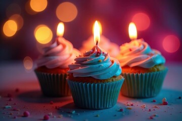 Naklejka na meble Vibrant cupcakes, lit candles, blurred lights , background, soft focus, party
