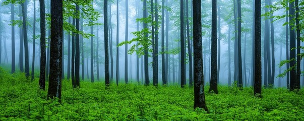 Poster - Misty forest nature idea. Misty forest landscape showcasing tall trees and lush green foliage in serene atmosphere.