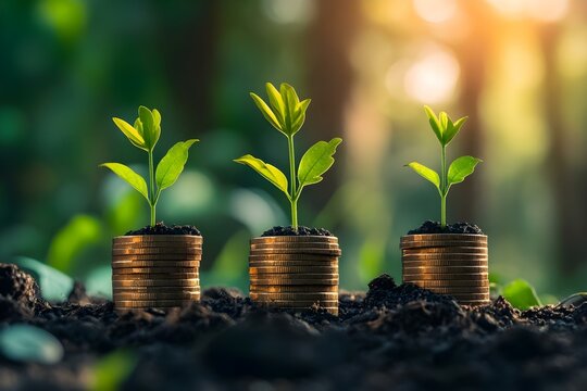 Three stacks of coins with small plants growing from the soil, symbolizing financial growth and investment in nature. Concept Coins and Plants, Financial Growth, Nature Investment