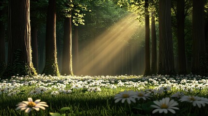 Poster - Misty forest nature idea. Sunlight filters through trees onto a flower-covered forest floor, creating a serene atmosphere.