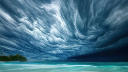 Wall Mural -  Stormy sky painting over water with island