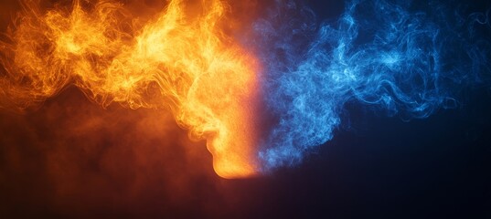 Wall Mural - Abstract Image of Vivid Orange and Cool Blue Smoke Merging, Duality Conflict or Harmony Concept