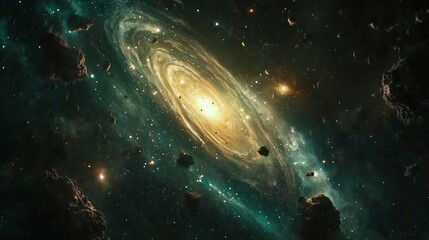 Wall Mural - Spiral Galaxy with Bright Glowing Core and Swirling Star Arms, Cosmic Dust, Yellow and Blue Hues, Scattered Asteroids, Deep Dark Space, Universe Detail in Vast Cosmic Wallpaper