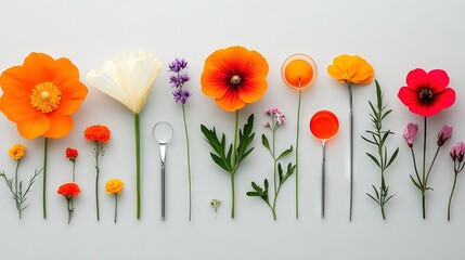 Wall Mural -   A collection of diverse-hued blossoms on a pristine backdrop alongside cutlery and a ladle