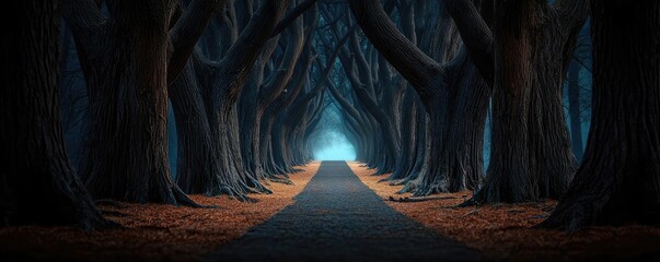 Poster - Misty forest nature idea. Mysterious forest path leading to a glowing light at the end, surrounded by dark trees.