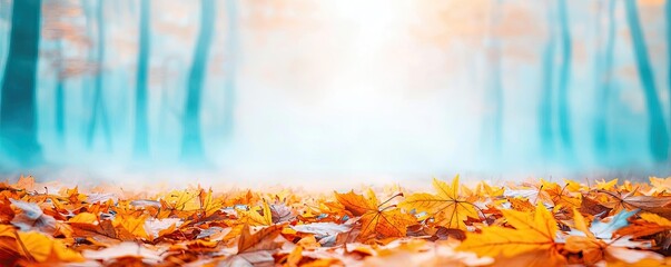 Poster - Misty forest nature idea. A serene autumn scene with vibrant orange leaves scattered on a misty forest floor.