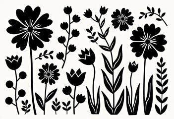 Scandinavian Folk Art, Black Abstract Botanical, White Background, Minimalist Design, Clean Graphic, Modern Style, Elegant Pattern, Simple Artwork, Stock Vector.

