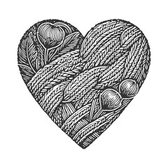 Wall Mural - yarn balls intricately shaped into a heart, adorned with knitting needles and small heart accents sketch engraving generative ai raster illustration. Scratch board imitation. Black and white image.