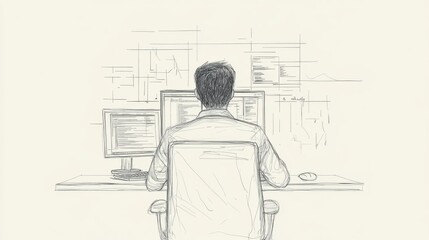 Programmer coding at desk, office background, software development