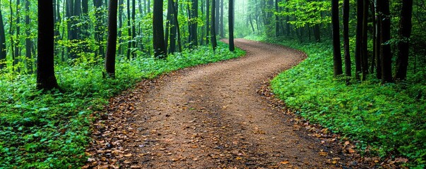 Poster - Misty forest nature idea. A winding path through a tranquil forest filled with lush greenery and misty ambiance.