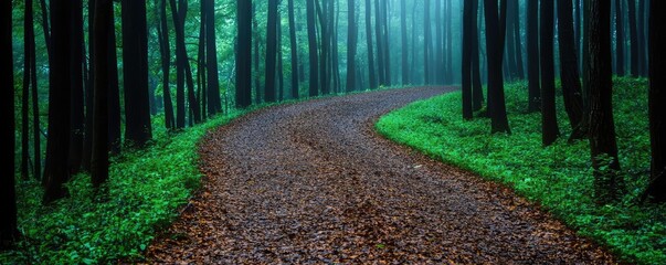 Poster - Misty forest nature idea. Serene winding path through a lush green forest shrouded in mist.