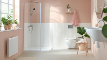 Wall Mural - A bathroom with a white wall and pink trim. A shower stall with a glass door and a toilet with a white lid. A stool is placed in front of the toilet