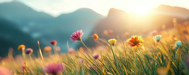 Poster - Mountains landscape nature idea. Vibrant flowers bloom in a sunlit meadow, surrounded by majestic mountains and clear skies.