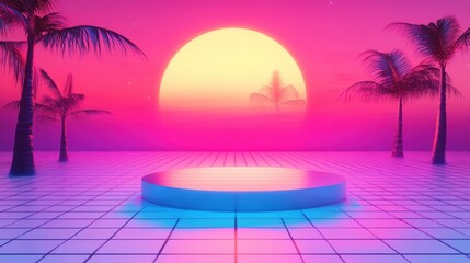 Wall Mural - 502. colorful neon podium product on cloud and colorful sky background, geometric shape for product 