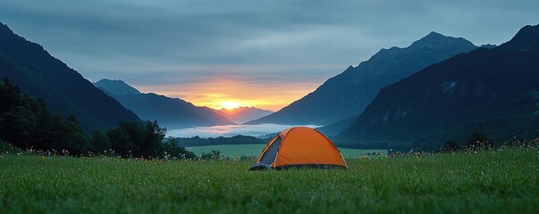 mountains landscape nature idea. a vibrant orange tent set against a stunning mountain sunset landsc