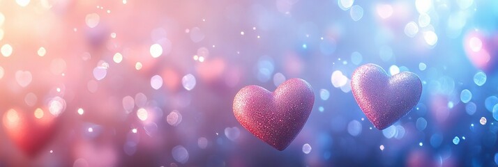 Wall Mural - Two Sparkling Pink Hearts on a Blue and Pink Bokeh Background, Romantic Love for Valentine s Day