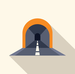 Poster - Empty asphalt road disappearing into a dark tunnel with orange arch and long shadow, minimal flat design