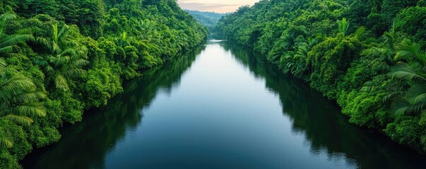 Poster - Riverside scenes nature concept. Serene river surrounded by lush green vegetation and tranquil nature scenery.